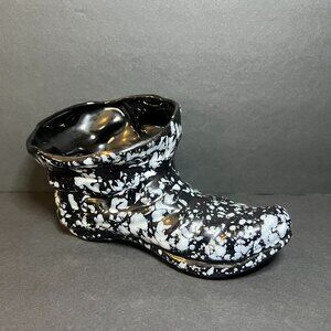 Vintage Whimsy Black & White Speckled Art Pottery Ceramic Boot Planter Pot 7.5"